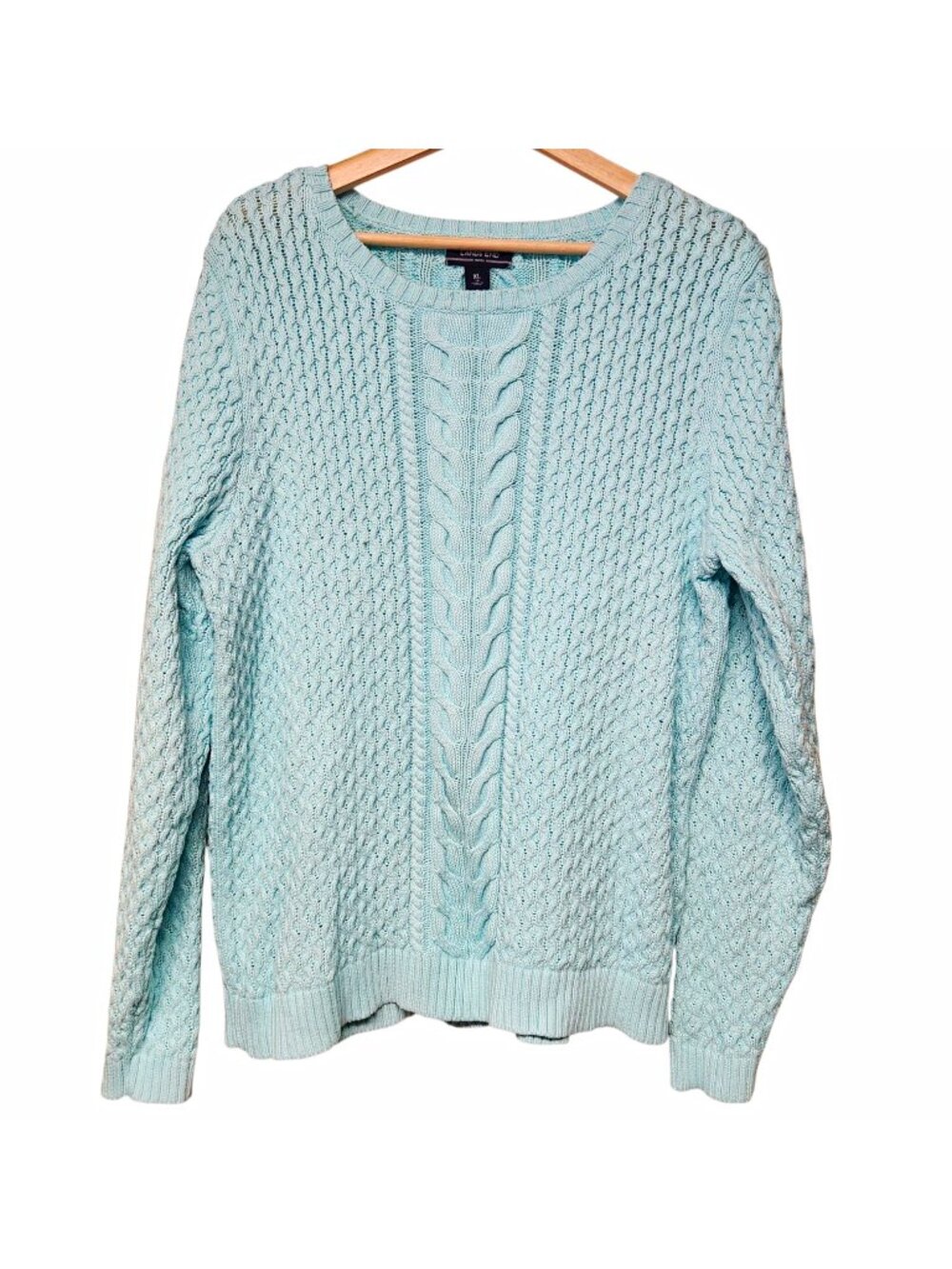 Lands' End Women's XL Aqua Blue Cable Knit Crew Neck Pullover Sweater Cotton